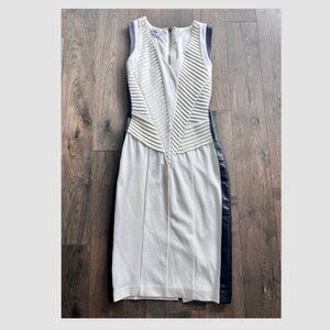 Bebe White Sheath Cocktail Dress Faux Leather Trim Size 2 Pleated